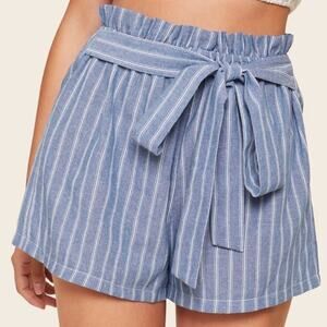 Love Tree Striped Shorts Paperbag Belted High Rise Seersucker Blue White Small